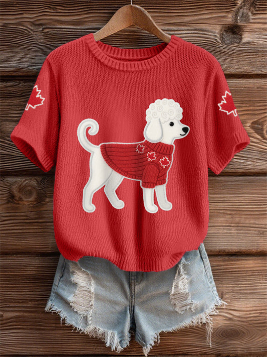 Women's Cute Dog Canadian Maple Leaf Print Casual Tee