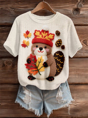 Women's Cute Canadian Beaver Maple Leaf Print Casual Tee