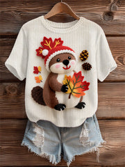 Women's Cute Canadian Beaver Maple Leaf Print Casual Tee