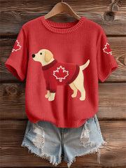 Women's Cute Dog Canadian Maple Leaf Print Casual Tee