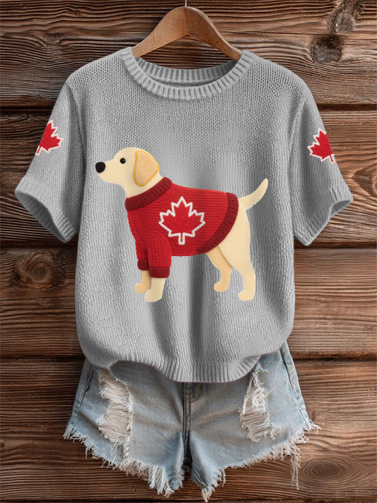 Women's Cute Dog Canadian Maple Leaf Print Casual Tee