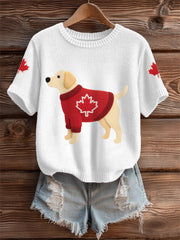 Women's Cute Dog Canadian Maple Leaf Print Casual Tee
