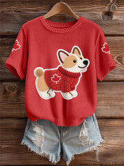 Women's Cute Dog Canadian Maple Leaf Print Casual Tee