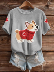 Women's Cute Dog Canadian Maple Leaf Print Casual Tee