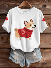 Women's Cute Dog Canadian Maple Leaf Print Casual Tee