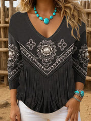 Women's Western Retro Graphic Print Casual Ribbed Top