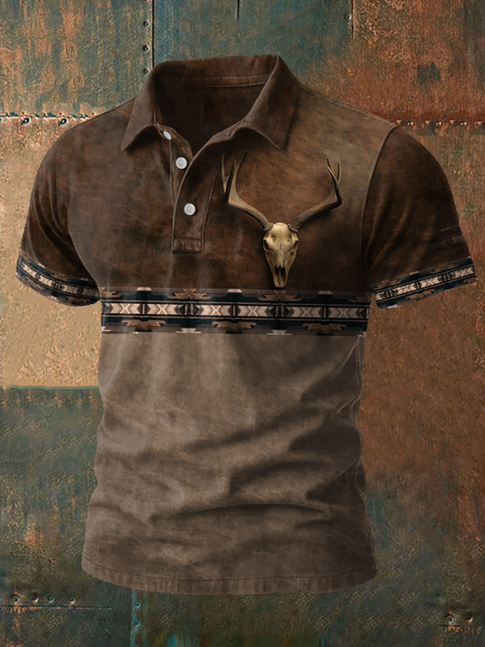 Men's Western Retro Style Elk Skull Printed Casual Tops