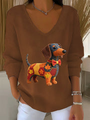 Women's Autumn Dog Art Print  V-Neck Ribbed Top