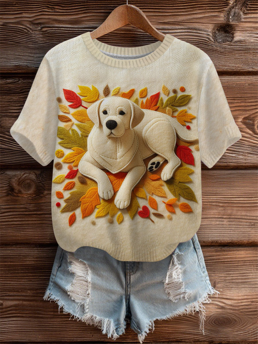 Women's Vintage Autumn Fallen Patchwork Dog Print Art Cozy Knit Top
