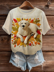 Women's Vintage Autumn Fallen Patchwork Dog Print Art Cozy Knit Top