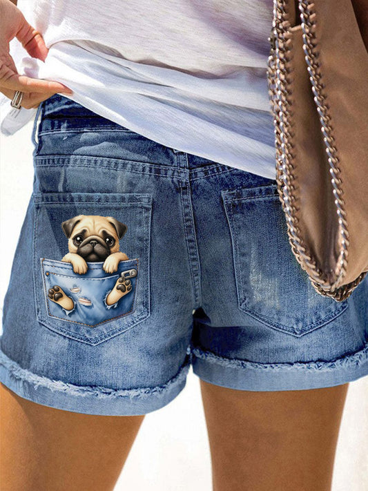 Women's Pug Print Denim Shorts