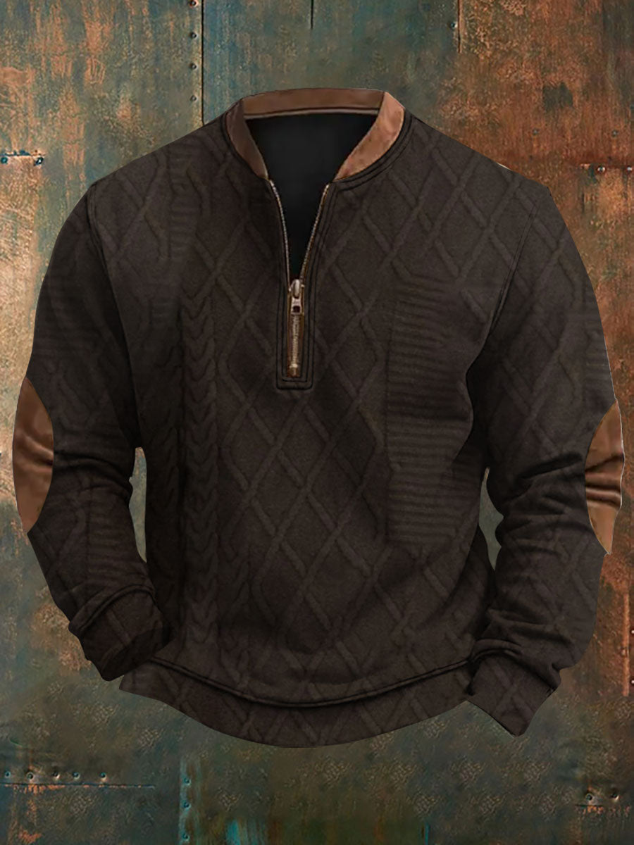 Men's Vintage Herringbone Print Casual Zipper Sweatshirt