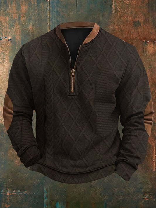 Men's Vintage Herringbone Print Casual Zipper Sweatshirt