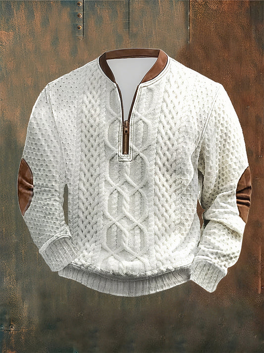Men's Vintage Cable Pattern Print Casual Zipper Sweatshirt