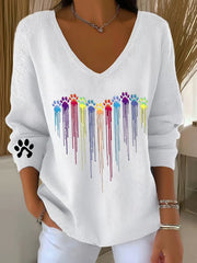 Women's  Colorful Dog Heart Paw Print Casual V-Neck Ribbed Top