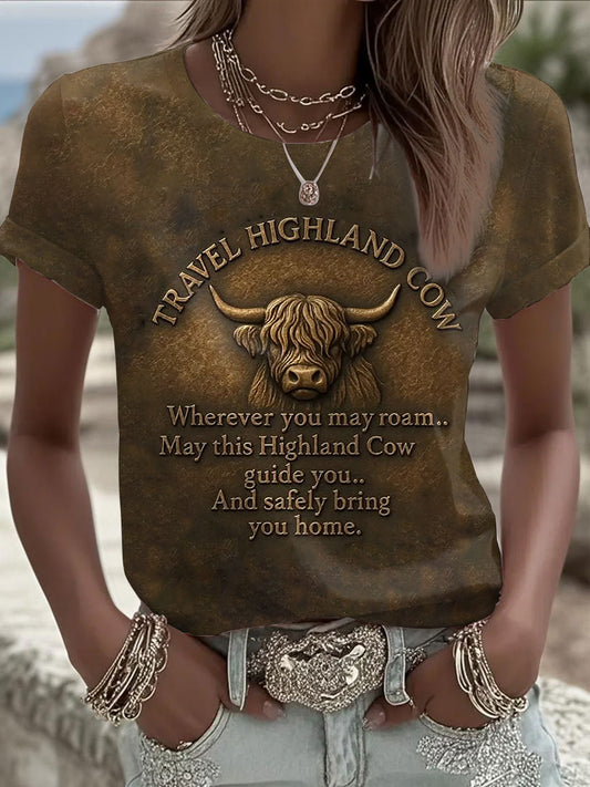 Women's Travel Highland Cow Print Casual T-shirt