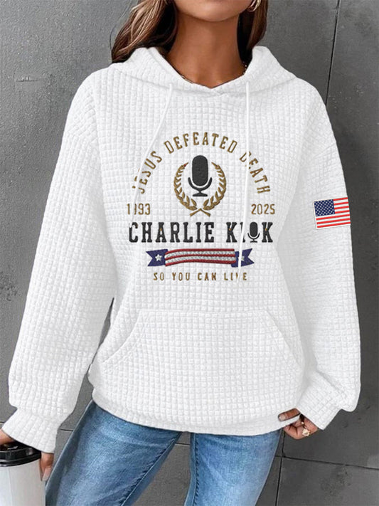 Women's Defeated Death So You Can Live R.I.P Charlie Kirk Waffle Hoodie