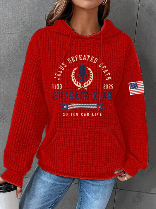 Women's Defeated Death So You Can Live R.I.P Charlie Kirk Waffle Hoodie