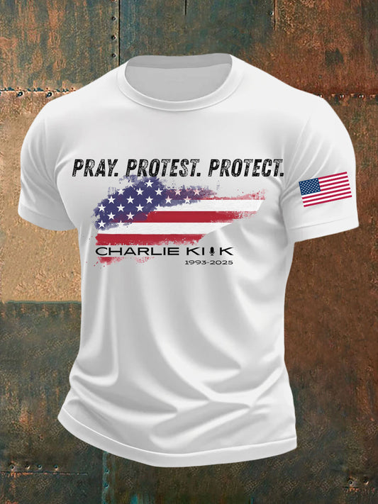Men's Pray Protest Protect Charlie Kirk Printed T-shirt