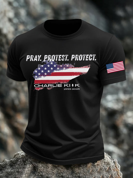 Men's Pray Protest Protect Charlie Kirk Printed T-shirt