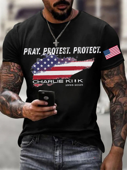 Men's Pray Protest Protect Charlie Kirk Printed T-shirt