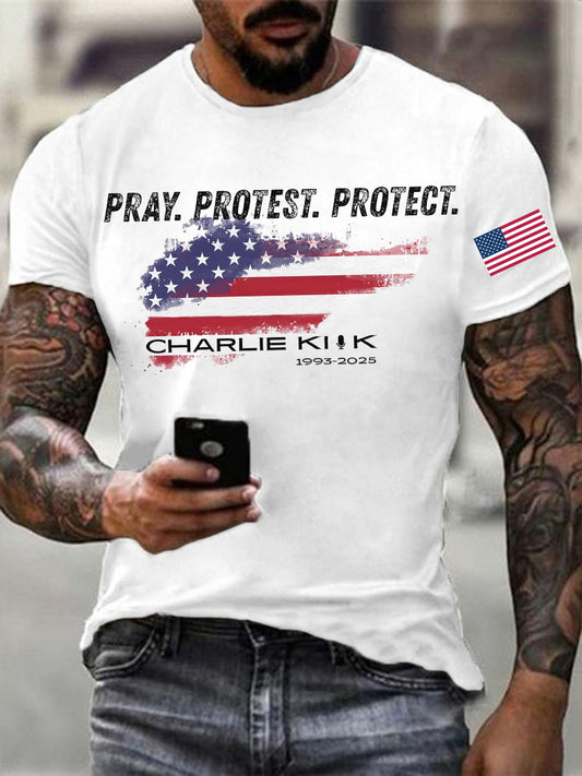 Men's Pray Protest Protect Charlie Kirk Printed T-shirt