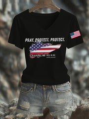 Women's Pray Protest Protect Charlie Kirk Printed T-shirt
