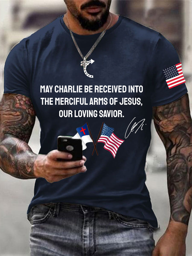 Men's "May Charlie be accepted into the compassionate arms of our loving Savior Jesus" Charlie Kirk signed commemorative T-shirt