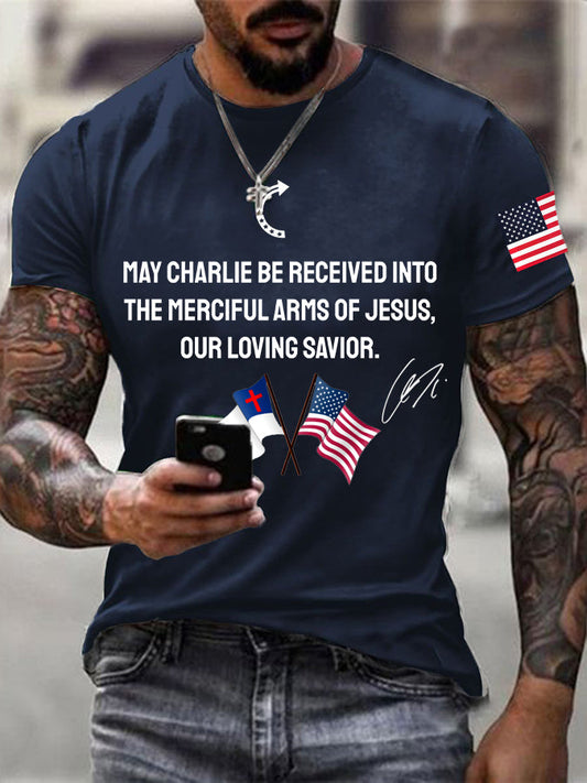 Men's "May Charlie be accepted into the compassionate arms of our loving Savior Jesus" Charlie Kirk signed commemorative T-shirt
