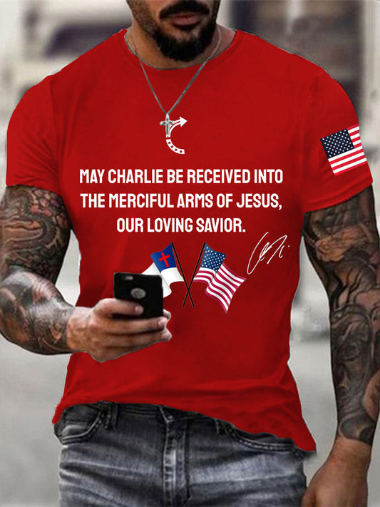 Men's "May Charlie be accepted into the compassionate arms of our loving Savior Jesus" Charlie Kirk signed commemorative T-shirt