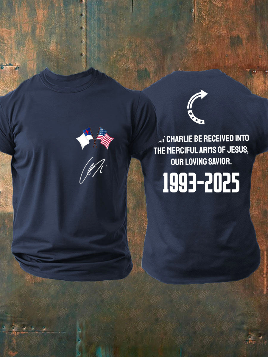 Men's "May Charlie be accepted into the compassionate arms of our loving Savior Jesus" Charlie Kirk signed commemorative T-shirt