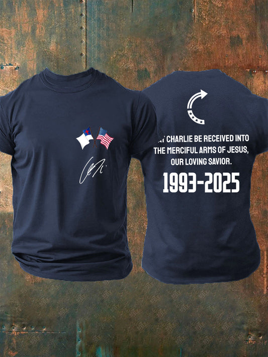 Men's "May Charlie be accepted into the compassionate arms of our loving Savior Jesus" Charlie Kirk signed commemorative T-shirt