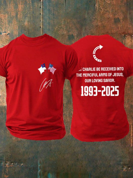 Men's "May Charlie be accepted into the compassionate arms of our loving Savior Jesus" Charlie Kirk signed commemorative T-shirt