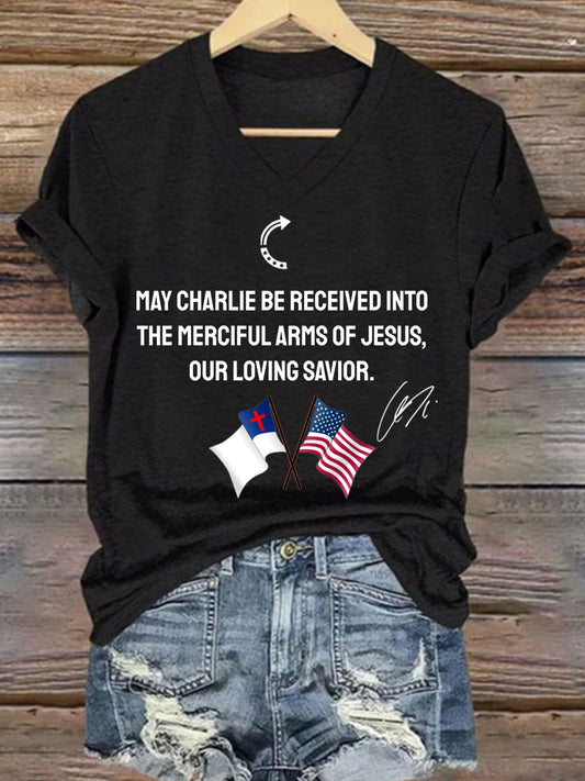 Women's May Charlie be accepted into the compassionate arms of our loving Savior Jesus" Charlie Kirk signed commemorative T-shirt
