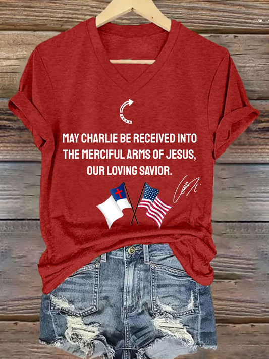 Women's May Charlie be accepted into the compassionate arms of our loving Savior Jesus" Charlie Kirk signed commemorative T-shirt