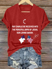 Women's May Charlie be accepted into the compassionate arms of our loving Savior Jesus" Charlie Kirk signed commemorative T-shirt