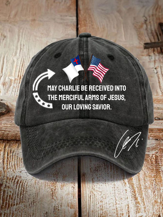 Unisex May Charlie be accepted into the compassionate arms of our loving Savior Jesus" Charlie Kirk signed commemorative Hat