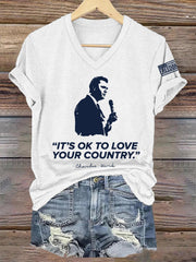 Women's It's Ok To Love Your Country R.I.P Charlie Kirk V-Neck Tee