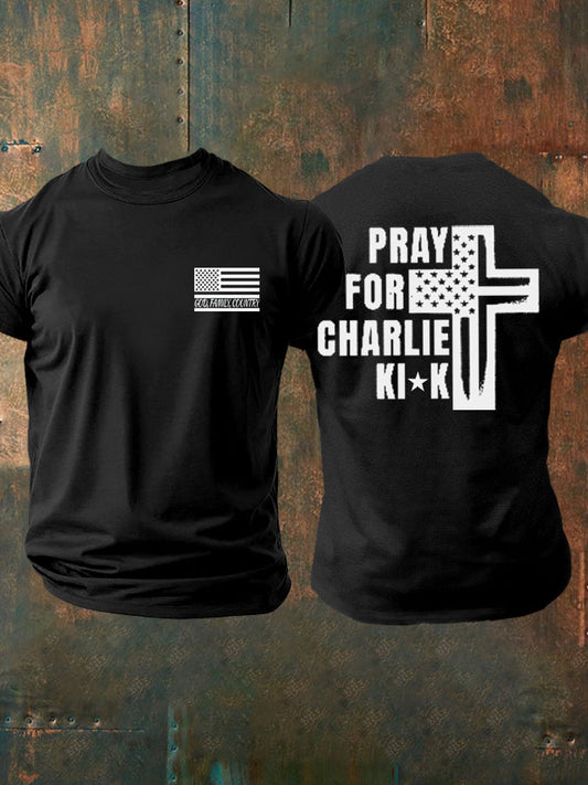 Men's God Family Country Pray For Charlie Kirk Printed T-shirt