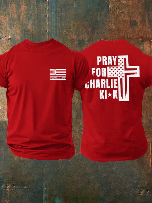 Men's God Family Country Pray For Charlie Kirk Printed T-shirt