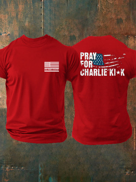 Men's God Family Country Pray For Charlie Kirk Printed T-shirt