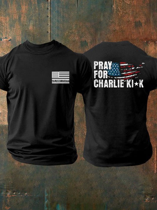 Men's God Family Country Pray For Charlie Kirk Printed T-shirt