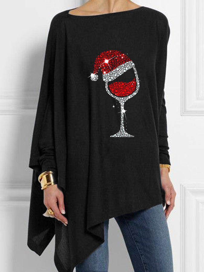 Women's Christmas Red Wine Glass Print Casual Irregular Top