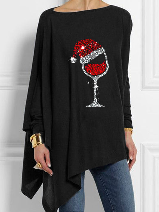 Women's Christmas Red Wine Glass Print Casual Irregular Top