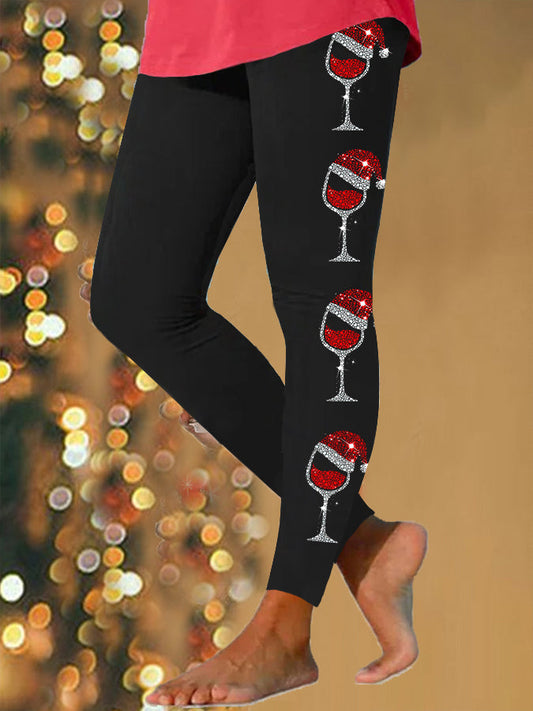 Women's Christmas Red Wine Glass Print Casual Leggings
