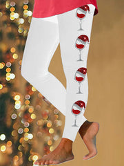 Women's Christmas Red Wine Glass Print Casual Leggings