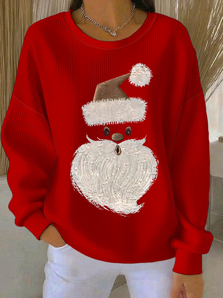 Women's Christmas Santa Claus Print Ribbed Round-Neck Sweatshirt