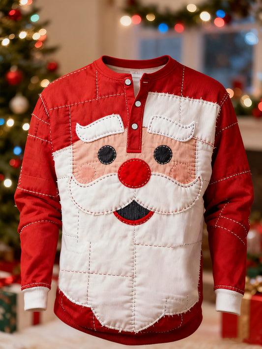 Men's Christmas Santa Claus Patchwork Print Casual Buttons Sweatshirt