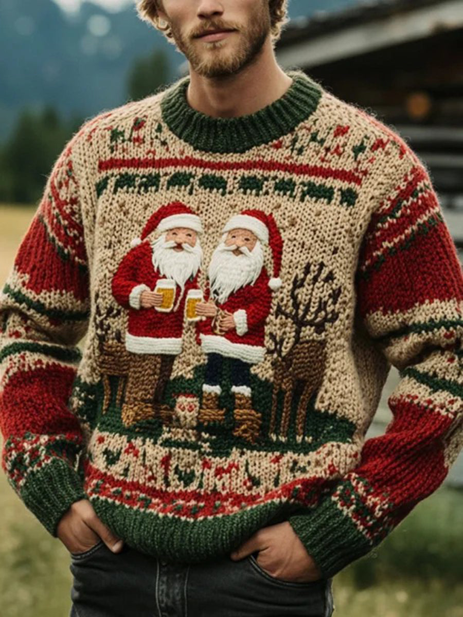 Men's Vintage Christmas Santa Claus Print Art Casual Knitted Sweater
