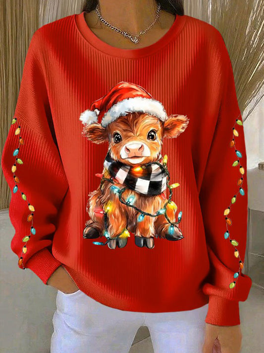 Women's Christmas Highland Cow Ribbed Round-Neck Sweatshirt
